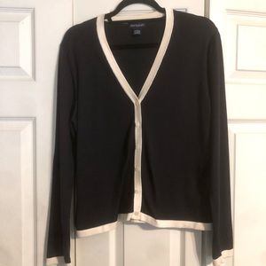 ANN TAYLOR Large Silk Blend Black Cardigan Sweater Cream Trim Office Workwear